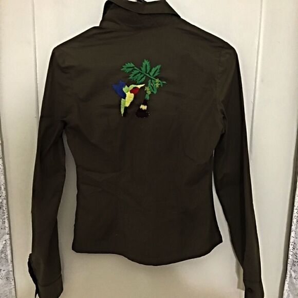 Romeo & Juliet Army green stretch button up Birds - Picture 2 of 6